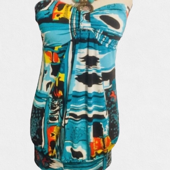 Dots Blue Multicolor Print Halter With Wooden Beads Tie Top NWT - Picture 2 of 9